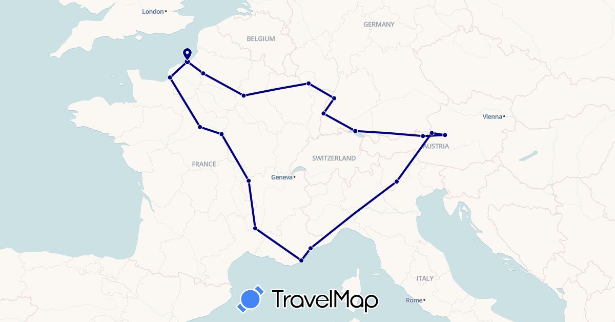 TravelMap itinerary: driving in Austria, Germany, France, Italy (Europe)